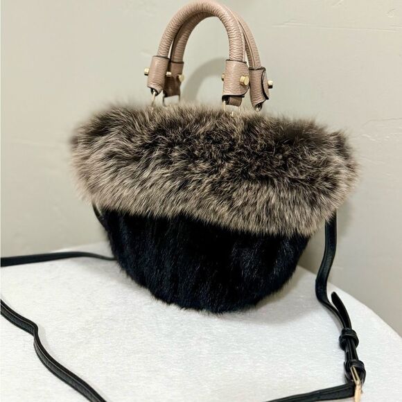 Colorblock Handmade Real Mink Fur & Fox Fur Removable leather Handles Bag - Picture 3 of 14